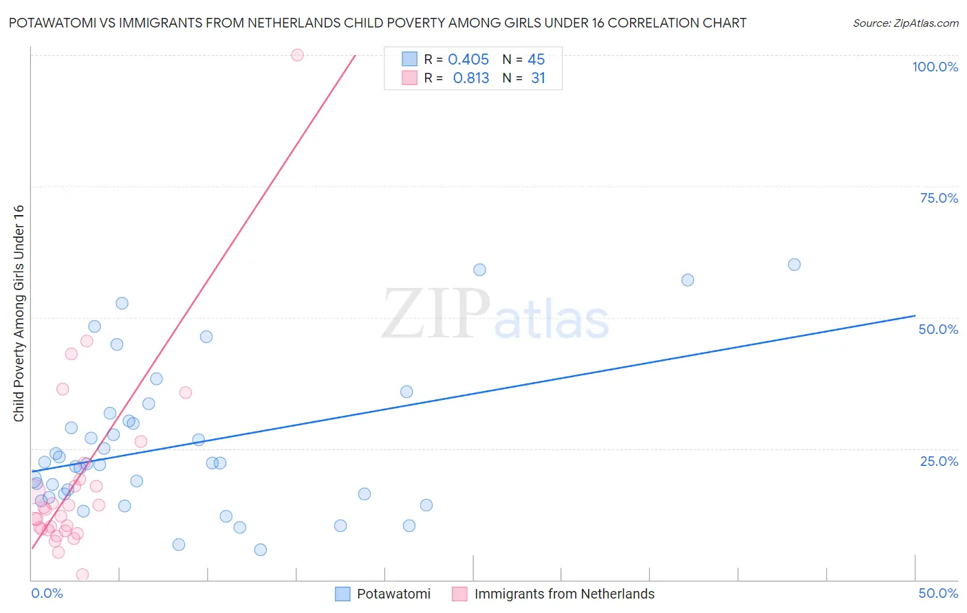 Potawatomi vs Immigrants from Netherlands Child Poverty Among Girls Under 16