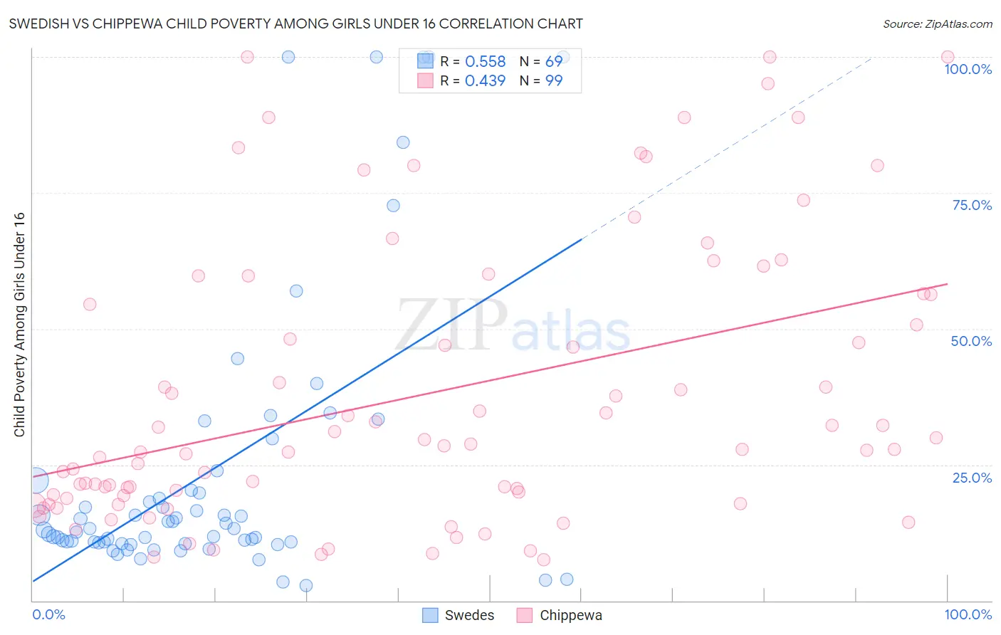 Swedish vs Chippewa Child Poverty Among Girls Under 16