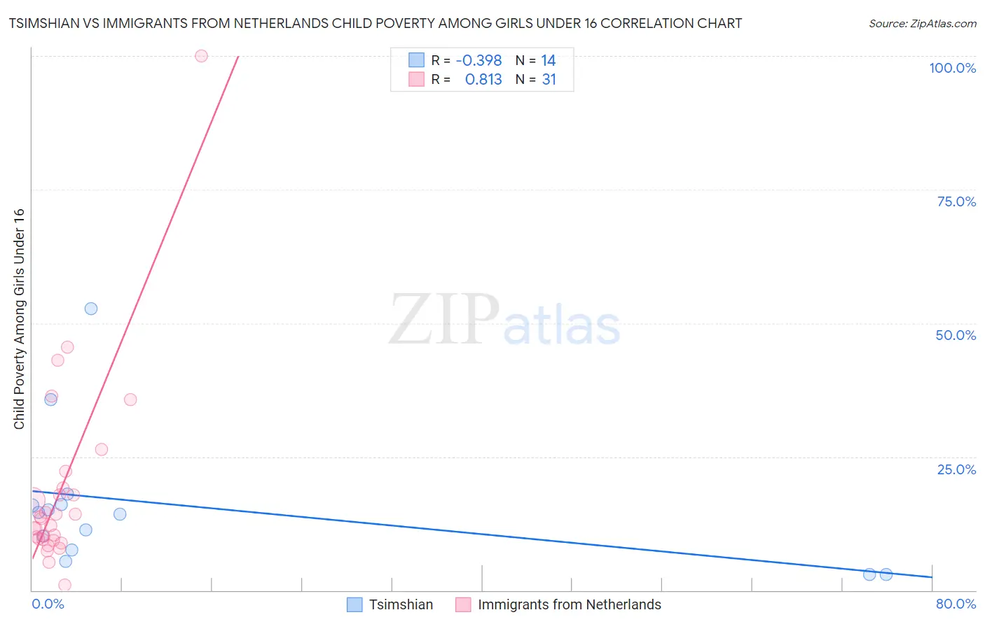 Tsimshian vs Immigrants from Netherlands Child Poverty Among Girls Under 16