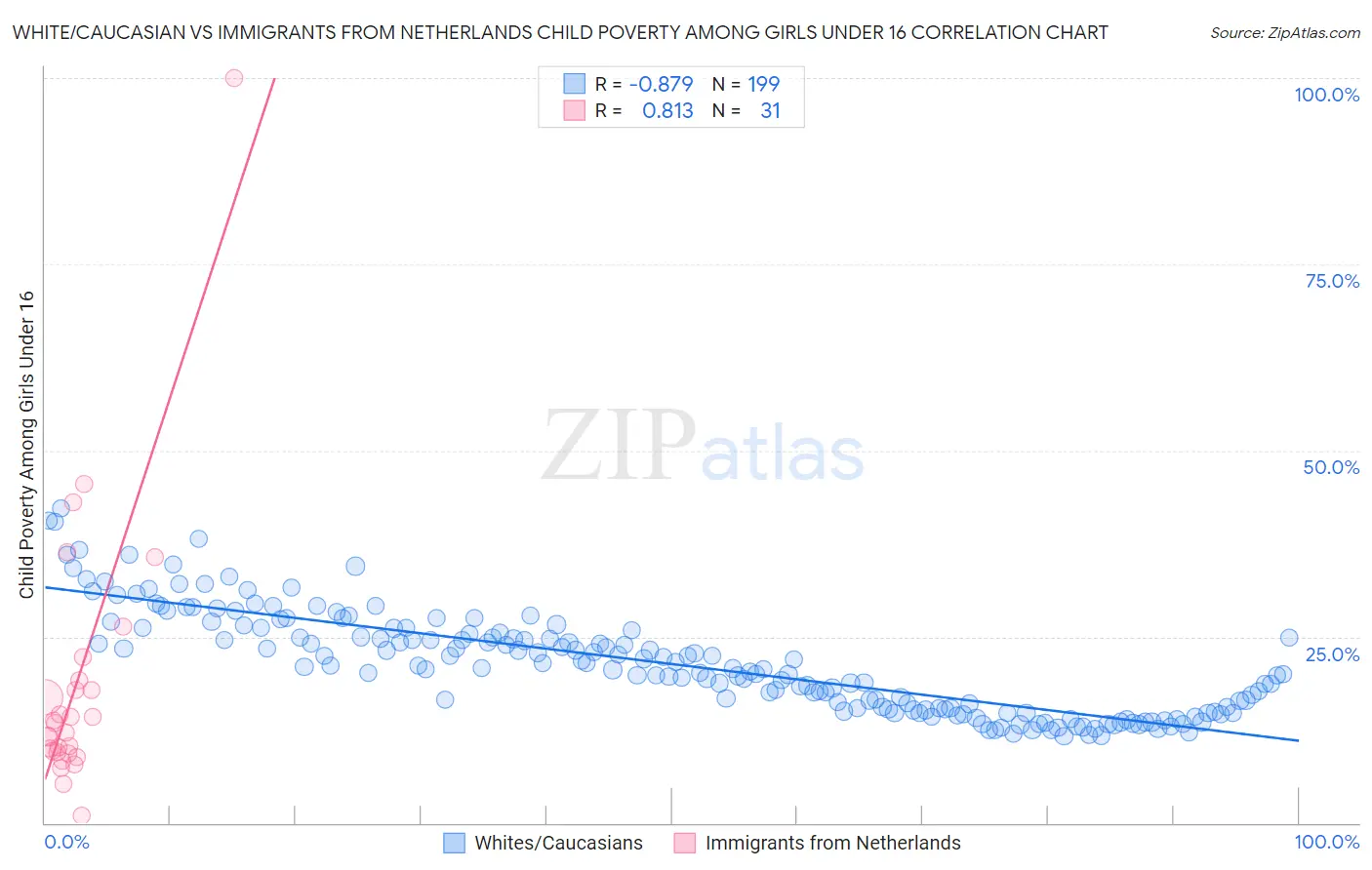 White/Caucasian vs Immigrants from Netherlands Child Poverty Among Girls Under 16