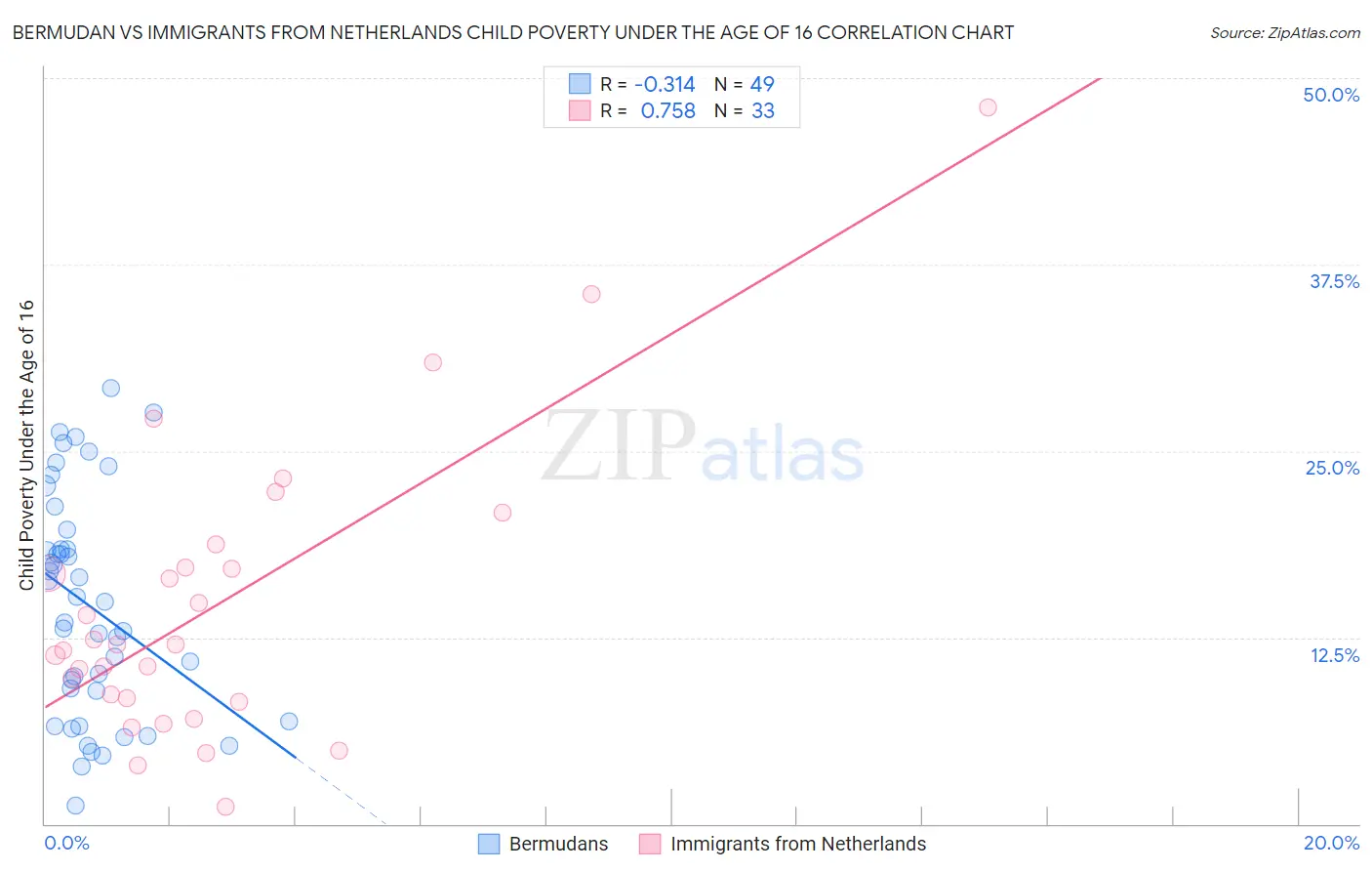 Bermudan vs Immigrants from Netherlands Child Poverty Under the Age of 16