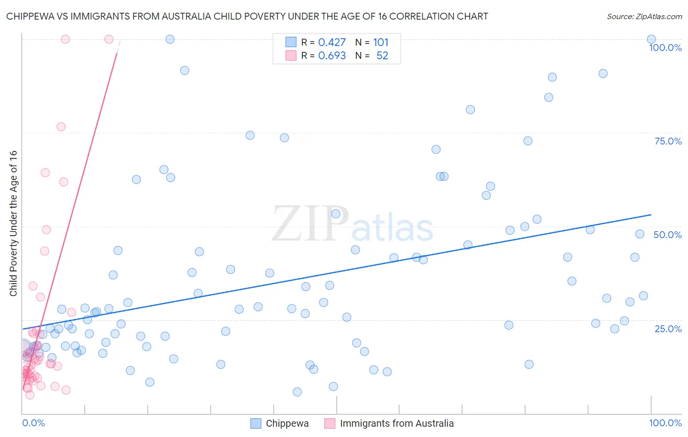 Chippewa vs Immigrants from Australia Child Poverty Under the Age of 16