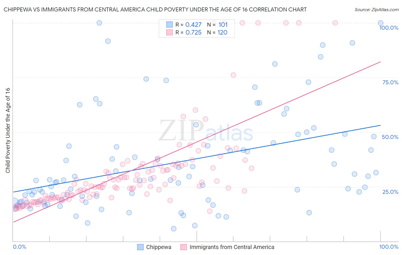 Chippewa vs Immigrants from Central America Child Poverty Under the Age of 16