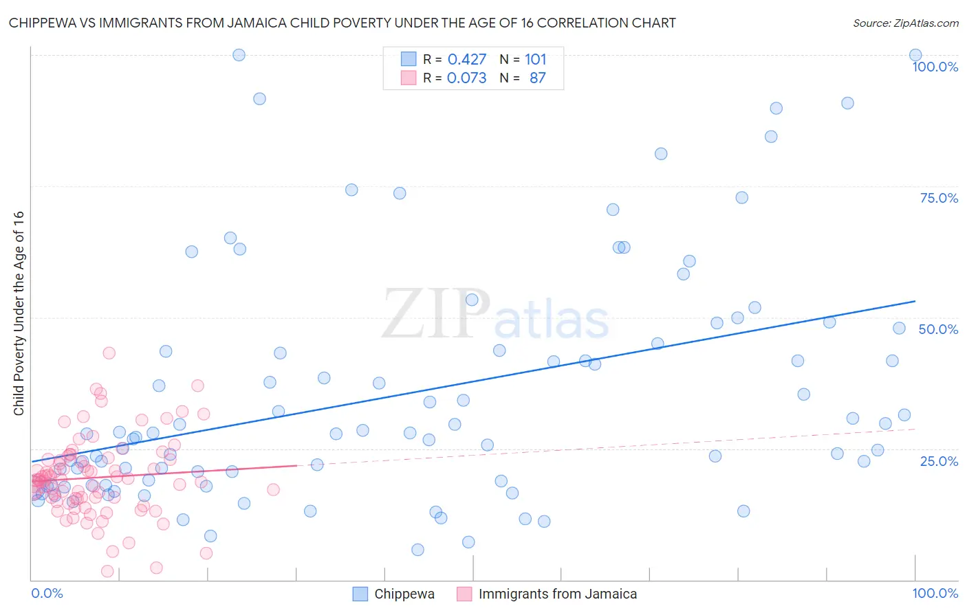Chippewa vs Immigrants from Jamaica Child Poverty Under the Age of 16