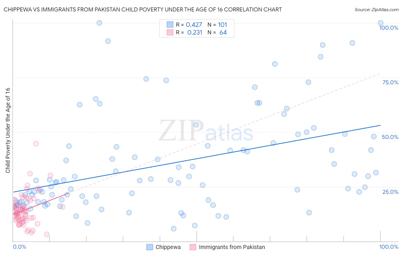 Chippewa vs Immigrants from Pakistan Child Poverty Under the Age of 16