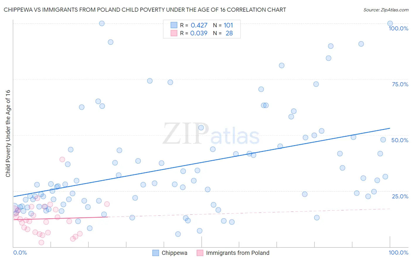 Chippewa vs Immigrants from Poland Child Poverty Under the Age of 16
