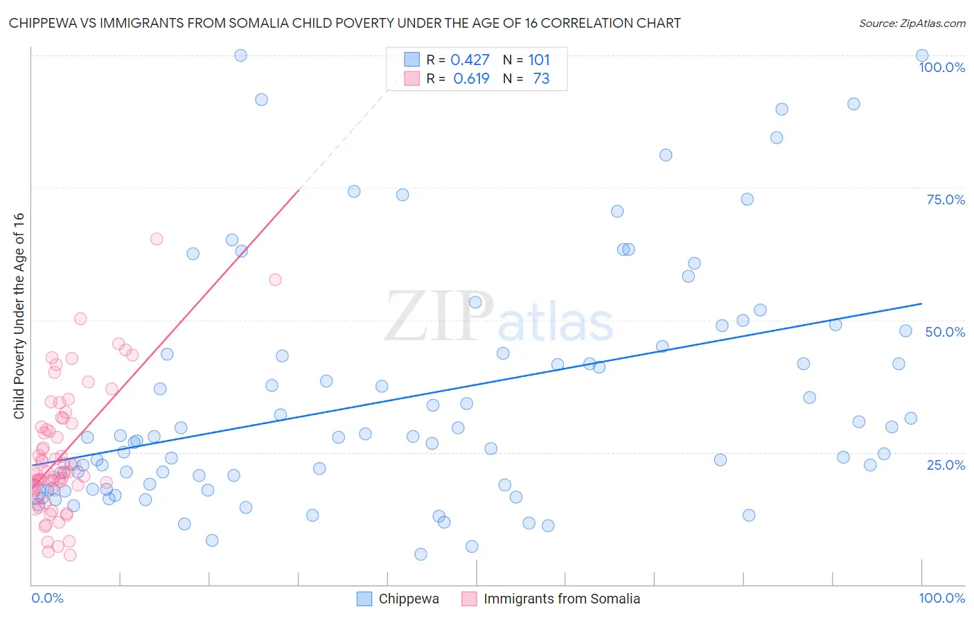 Chippewa vs Immigrants from Somalia Child Poverty Under the Age of 16