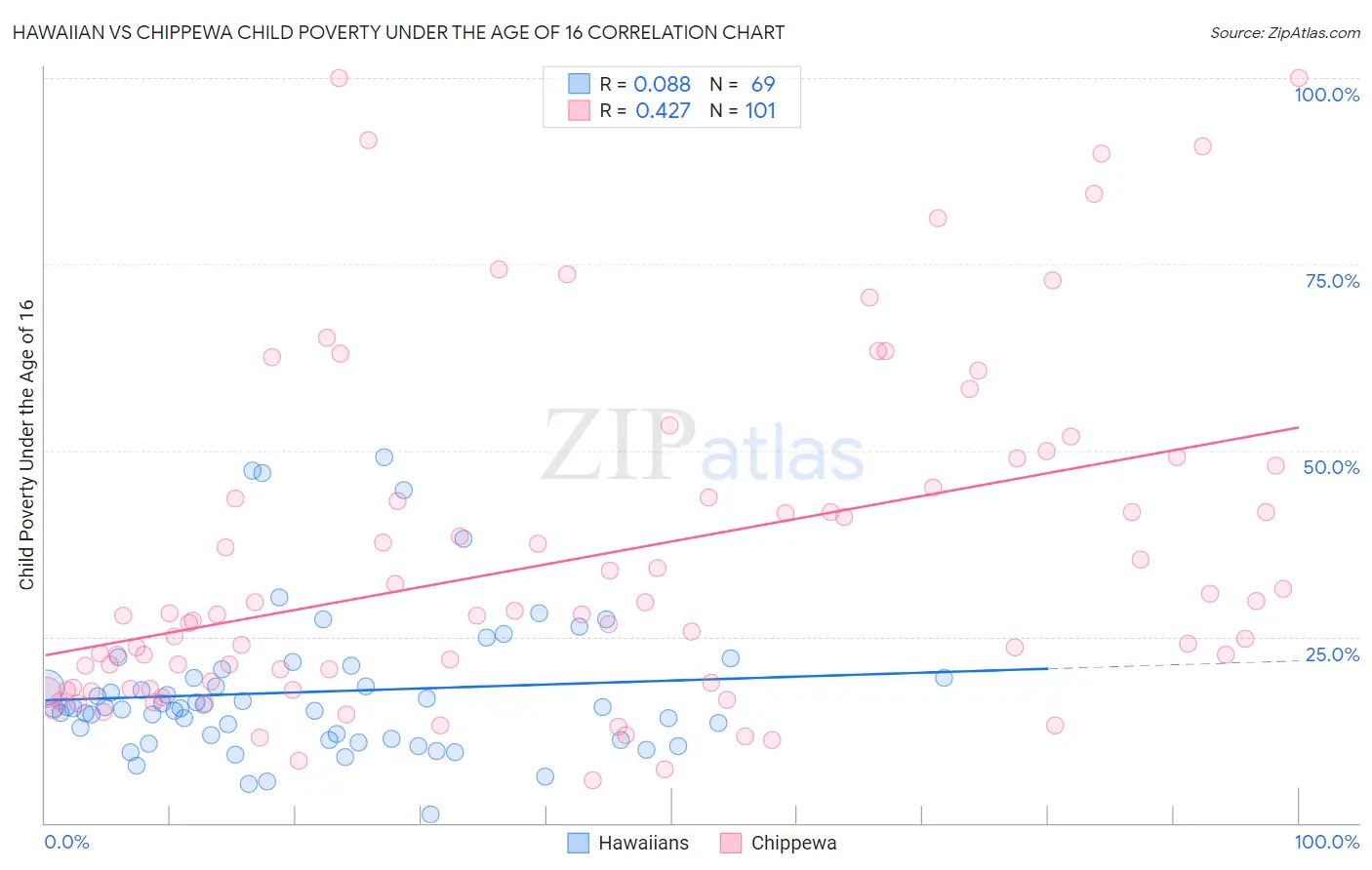 Hawaiian vs Chippewa Child Poverty Under the Age of 16