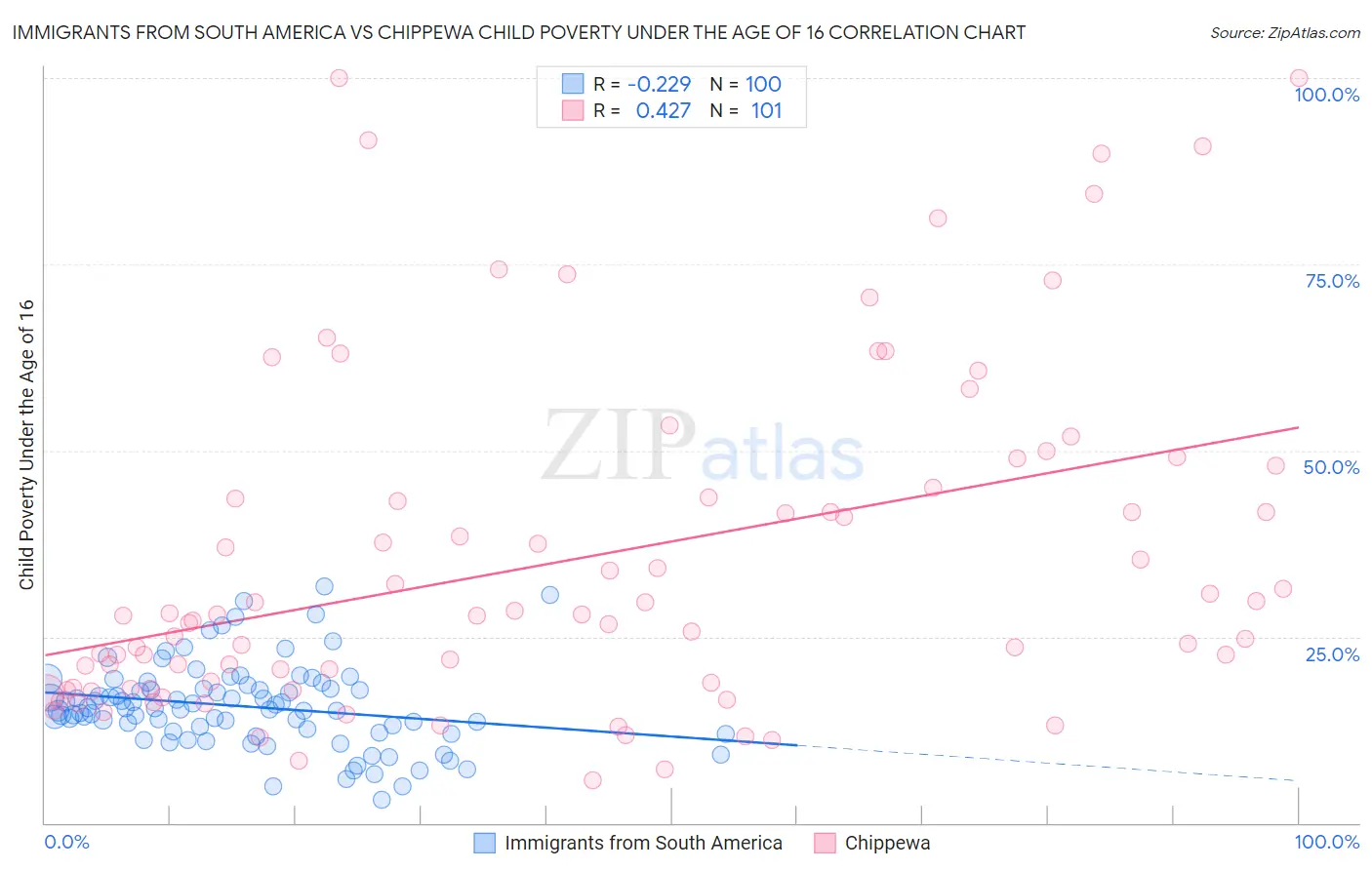 Immigrants from South America vs Chippewa Child Poverty Under the Age of 16