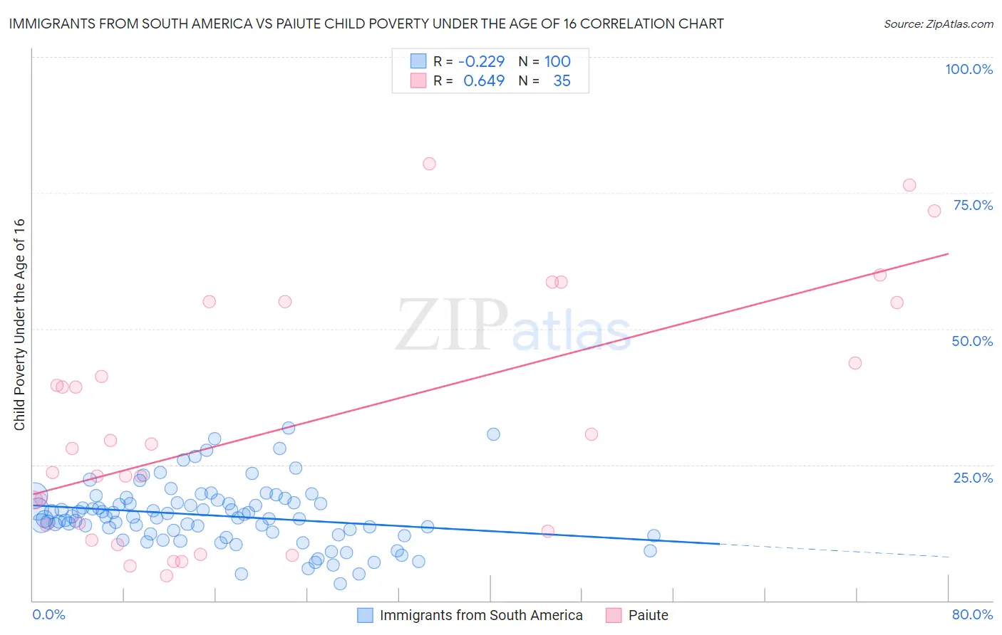 Immigrants from South America vs Paiute Child Poverty Under the Age of 16