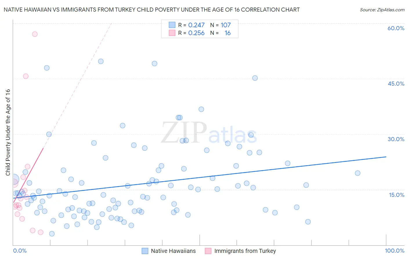 Native Hawaiian vs Immigrants from Turkey Child Poverty Under the Age of 16