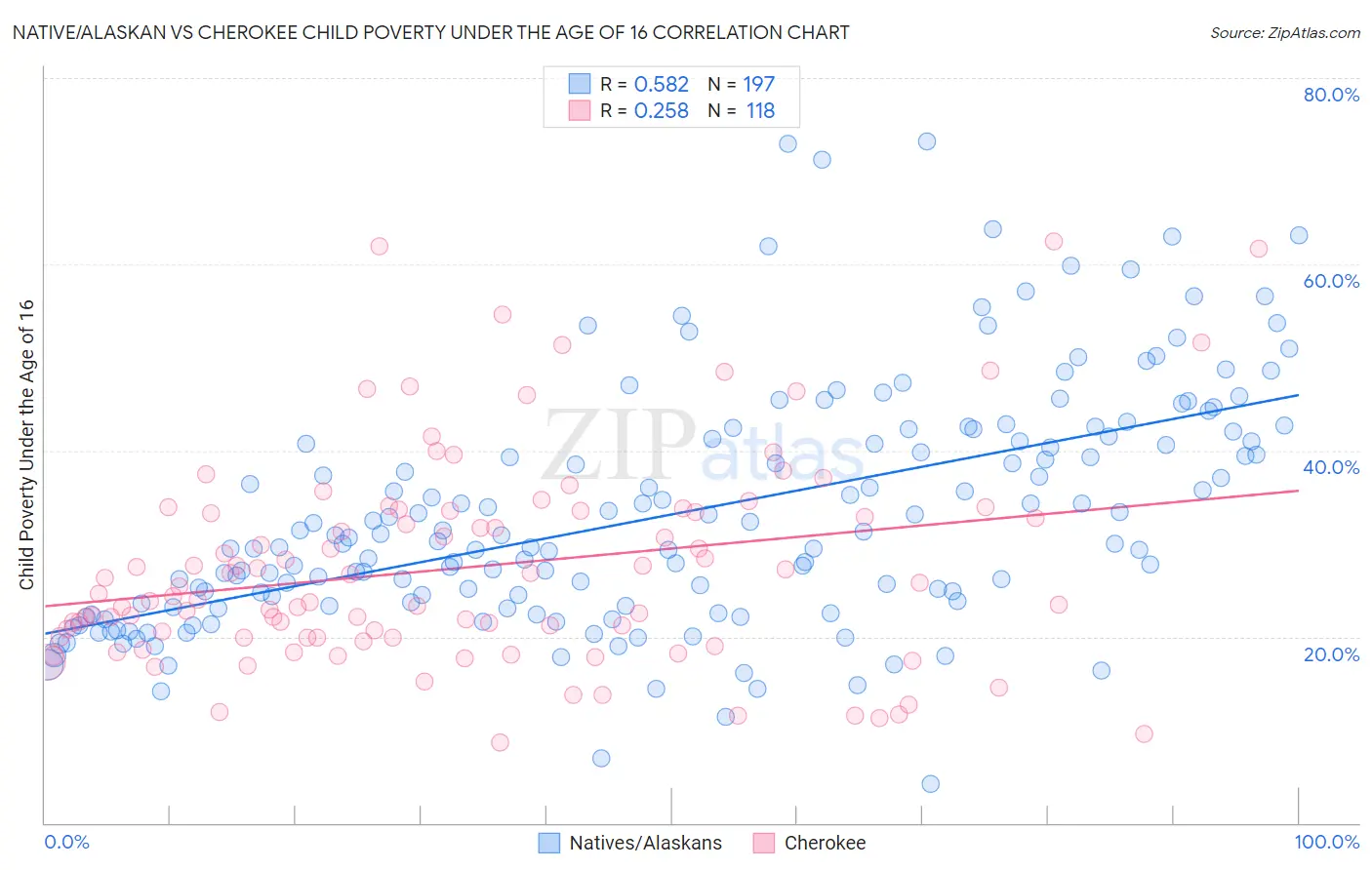 Native/Alaskan vs Cherokee Child Poverty Under the Age of 16