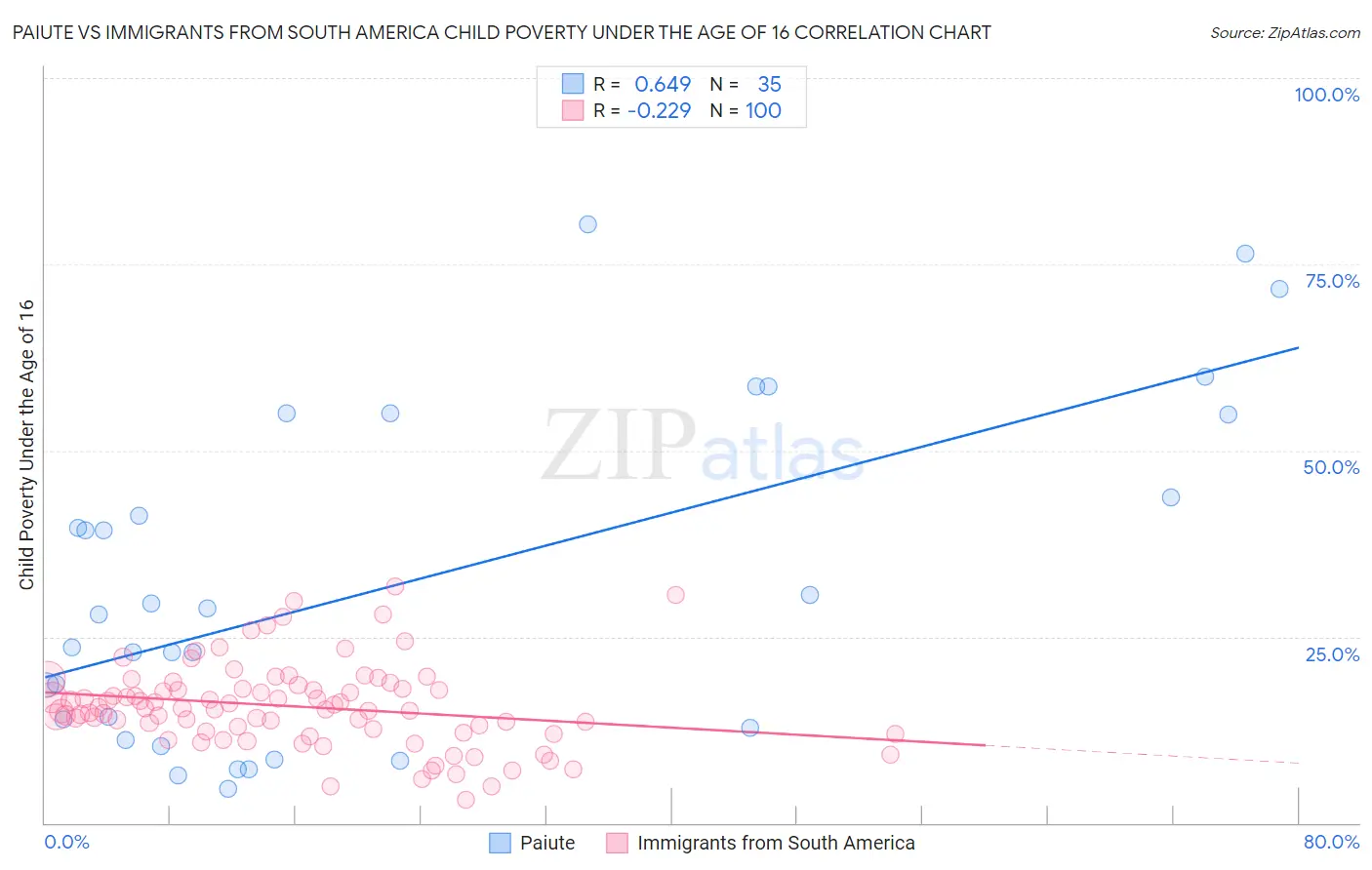 Paiute vs Immigrants from South America Child Poverty Under the Age of 16