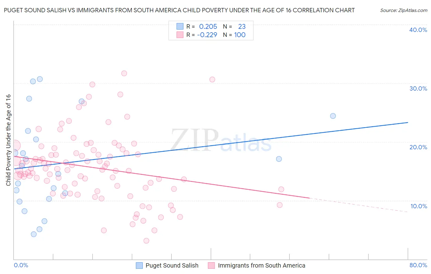 Puget Sound Salish vs Immigrants from South America Child Poverty Under the Age of 16