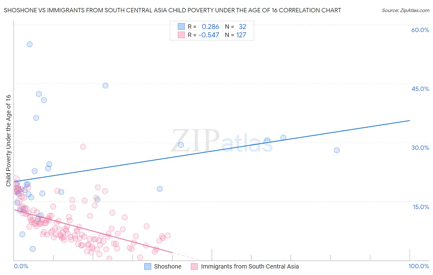 Shoshone vs Immigrants from South Central Asia Child Poverty Under the Age of 16