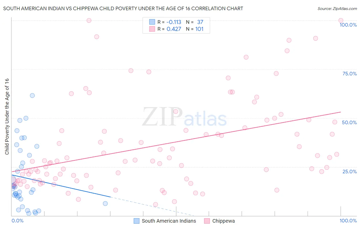 South American Indian vs Chippewa Child Poverty Under the Age of 16