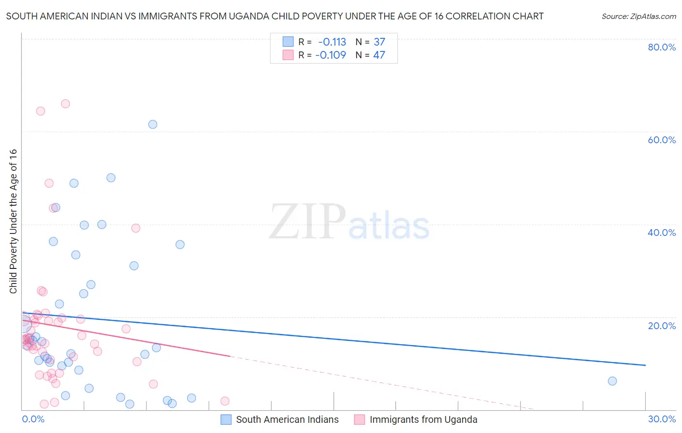South American Indian vs Immigrants from Uganda Child Poverty Under the Age of 16