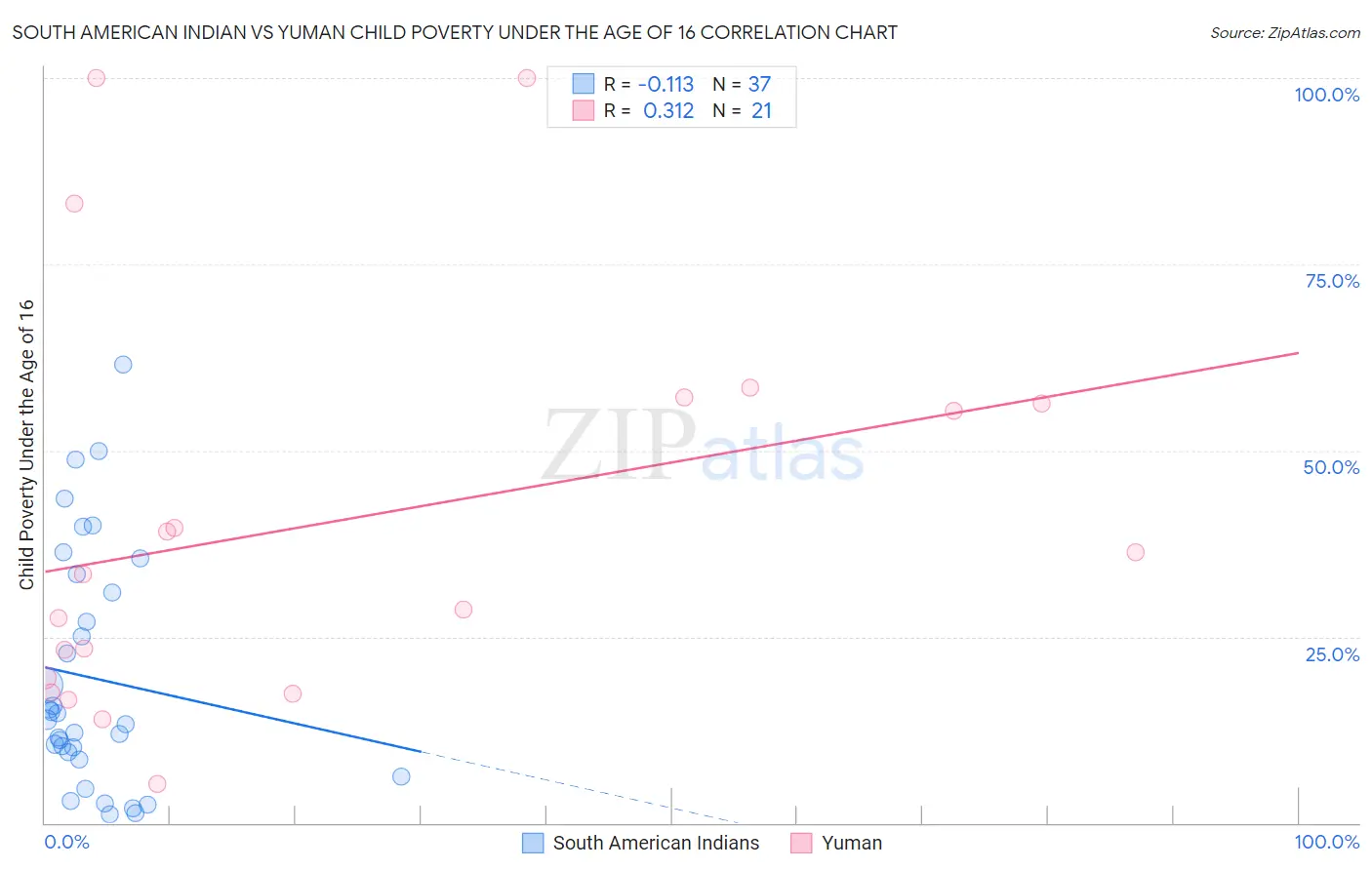 South American Indian vs Yuman Child Poverty Under the Age of 16