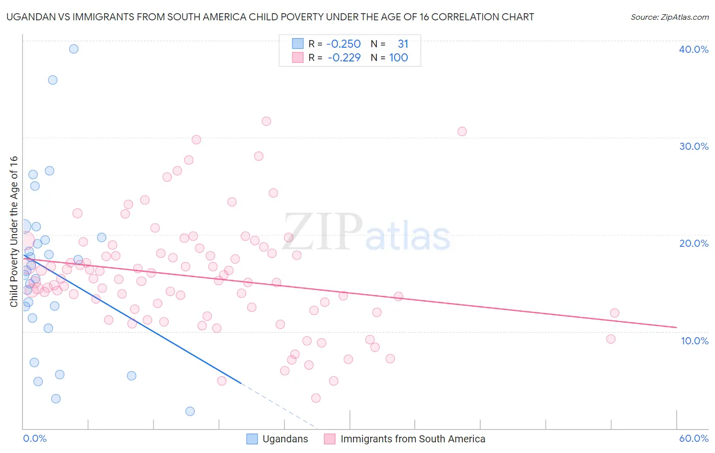 Ugandan vs Immigrants from South America Child Poverty Under the Age of 16