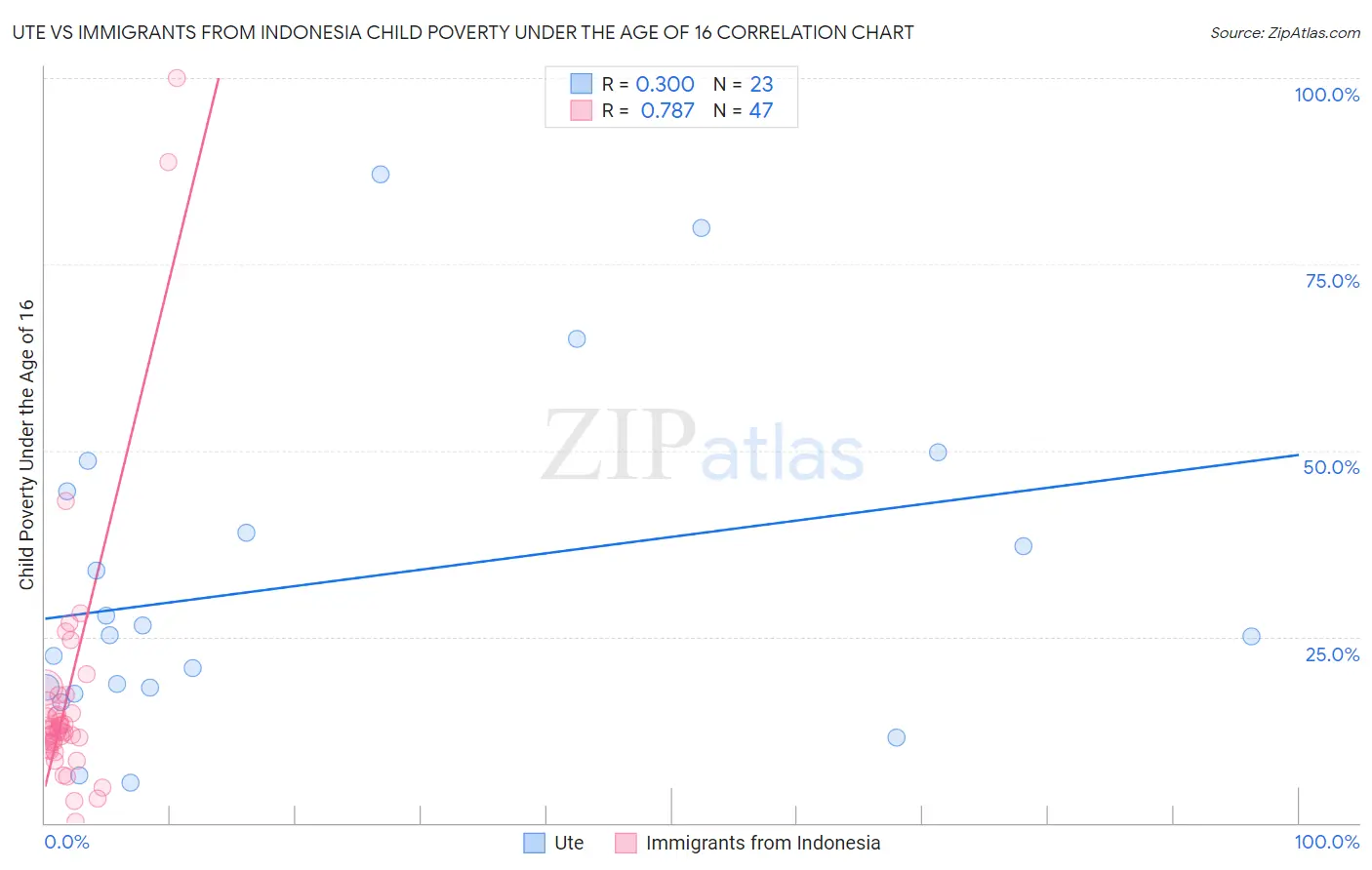 Ute vs Immigrants from Indonesia Child Poverty Under the Age of 16