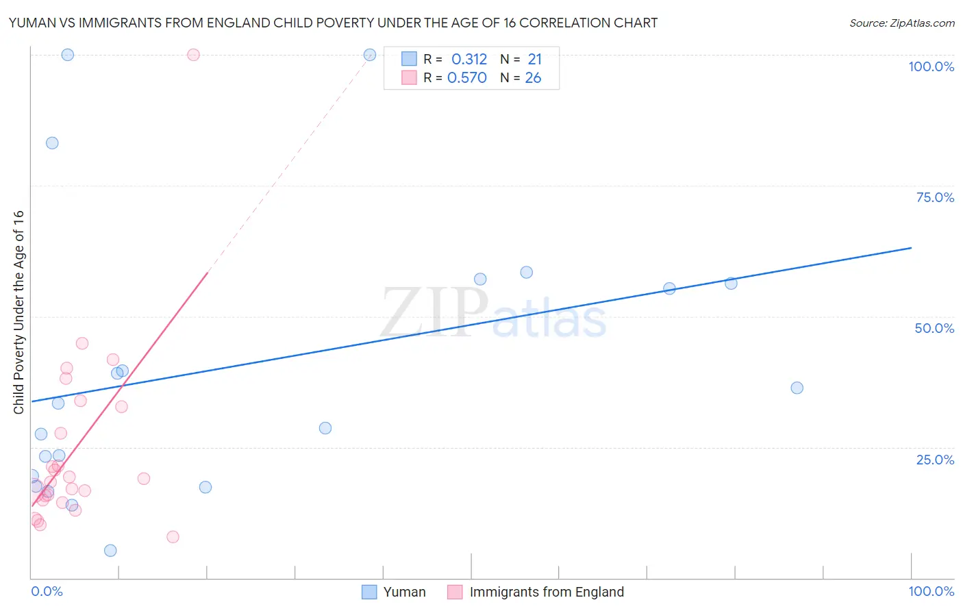 Yuman vs Immigrants from England Child Poverty Under the Age of 16