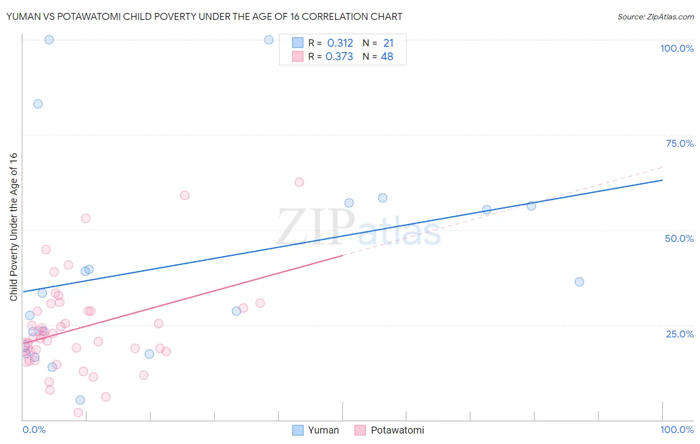 Yuman vs Potawatomi Child Poverty Under the Age of 16