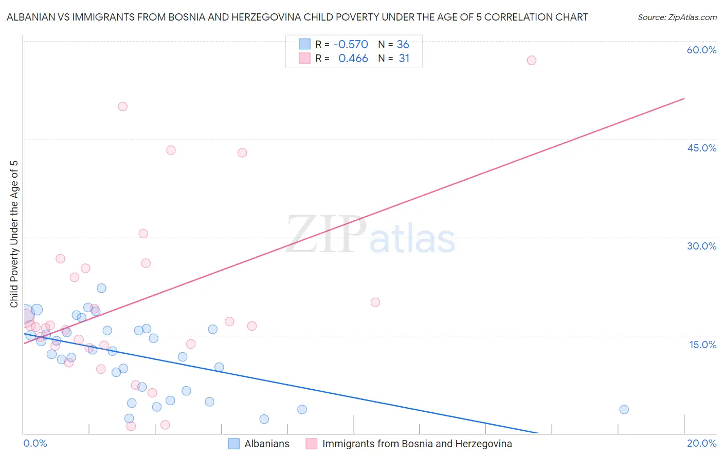 Albanian vs Immigrants from Bosnia and Herzegovina Child Poverty Under the Age of 5