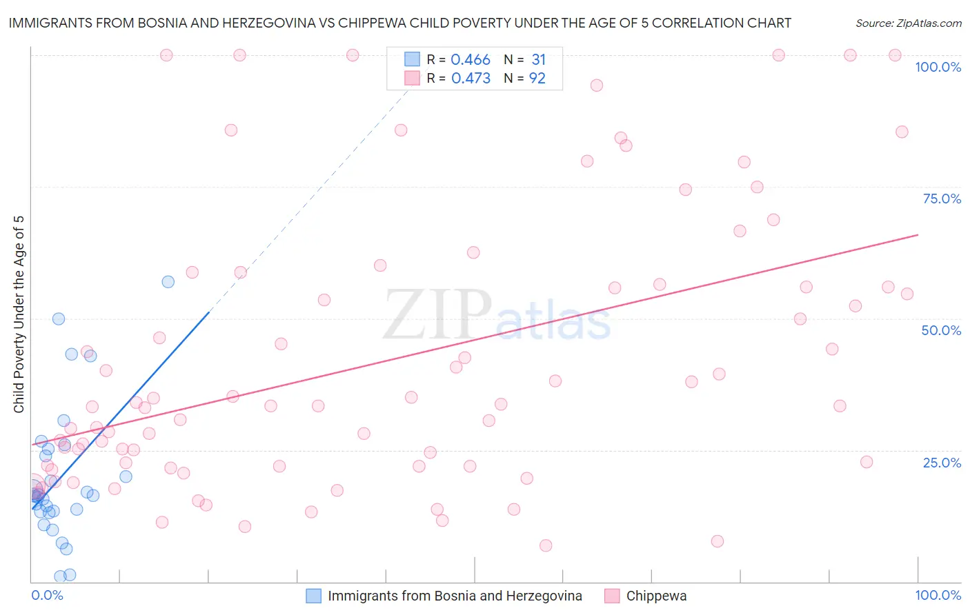 Immigrants from Bosnia and Herzegovina vs Chippewa Child Poverty Under the Age of 5