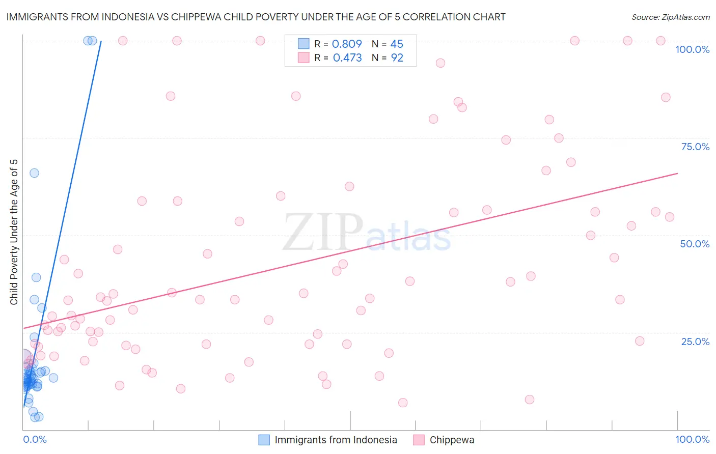 Immigrants from Indonesia vs Chippewa Child Poverty Under the Age of 5
