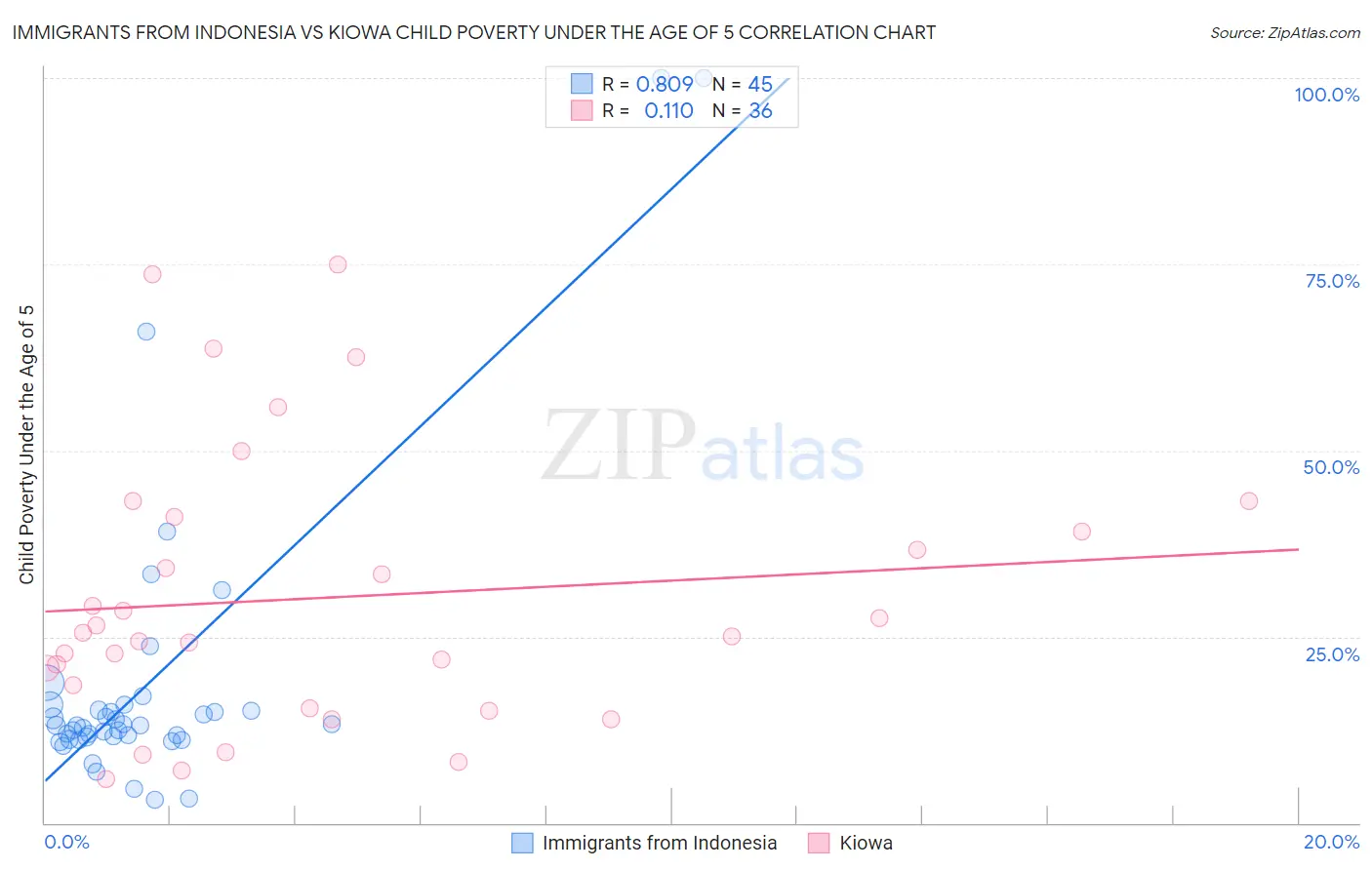 Immigrants from Indonesia vs Kiowa Child Poverty Under the Age of 5