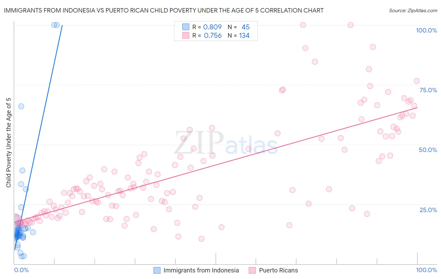 Immigrants from Indonesia vs Puerto Rican Child Poverty Under the Age of 5