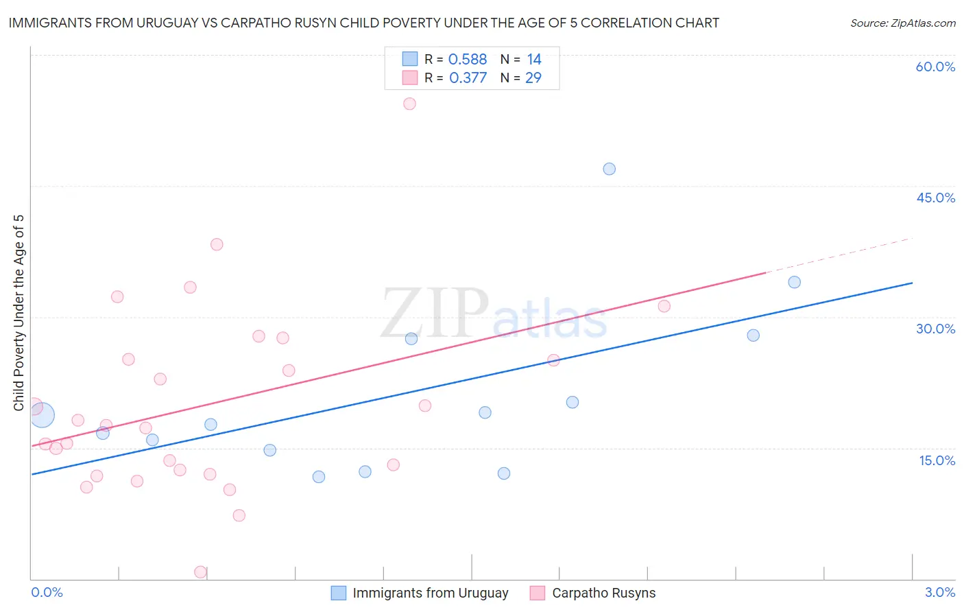 Immigrants from Uruguay vs Carpatho Rusyn Child Poverty Under the Age of 5