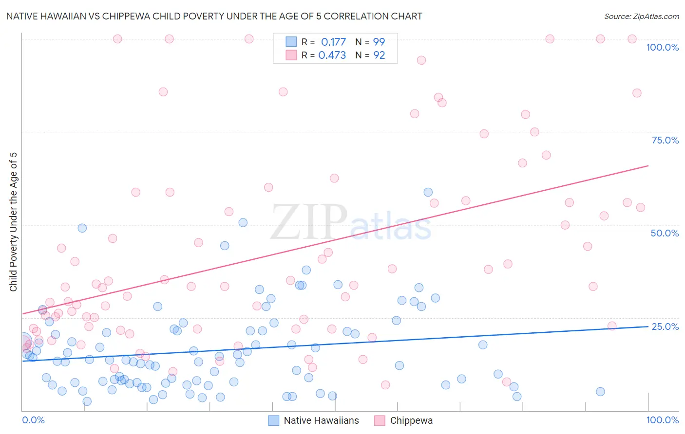 Native Hawaiian vs Chippewa Child Poverty Under the Age of 5