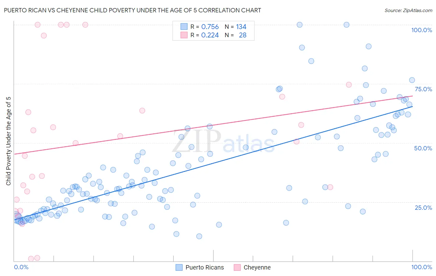 Puerto Rican vs Cheyenne Child Poverty Under the Age of 5