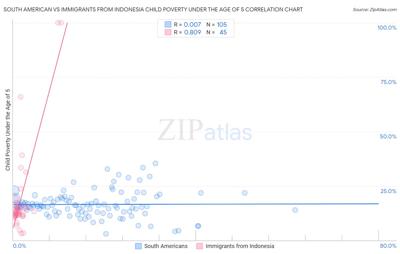 South American vs Immigrants from Indonesia Child Poverty Under the Age of 5