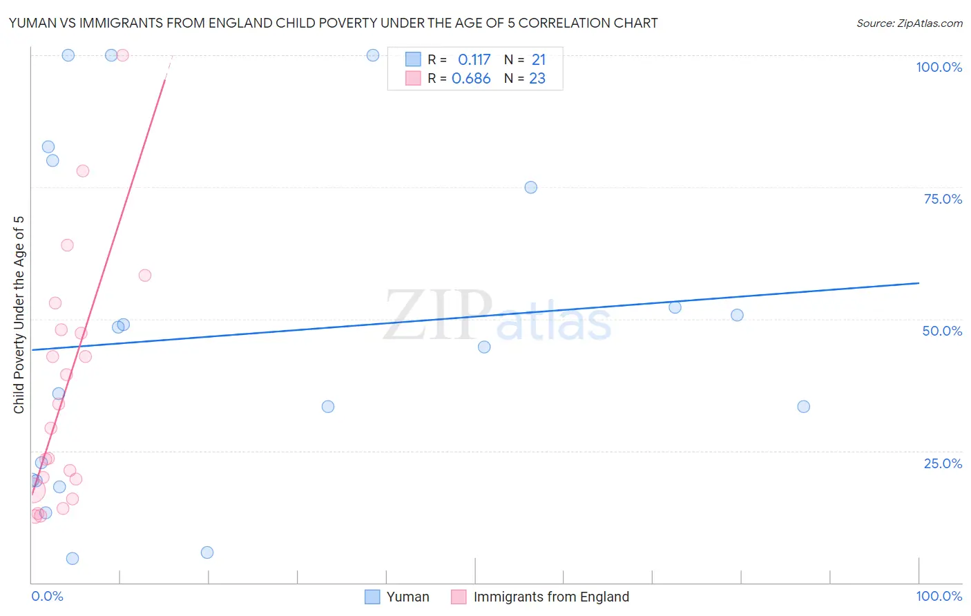 Yuman vs Immigrants from England Child Poverty Under the Age of 5