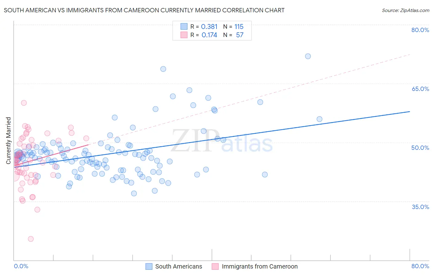 South American vs Immigrants from Cameroon Currently Married