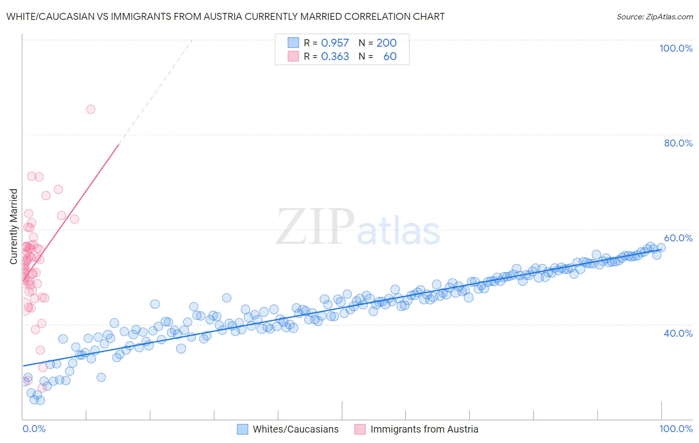 White/Caucasian vs Immigrants from Austria Currently Married