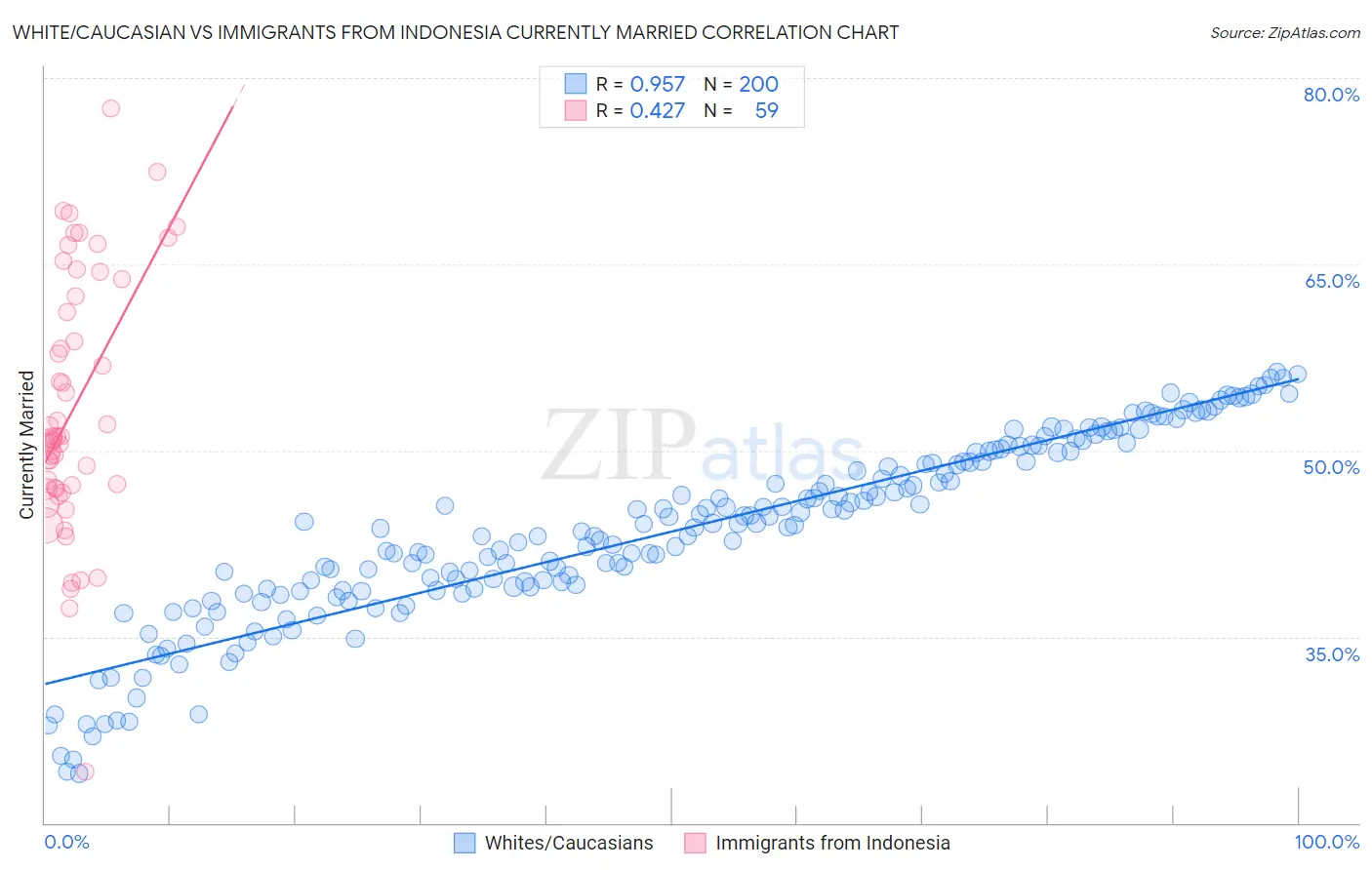 White/Caucasian vs Immigrants from Indonesia Currently Married
