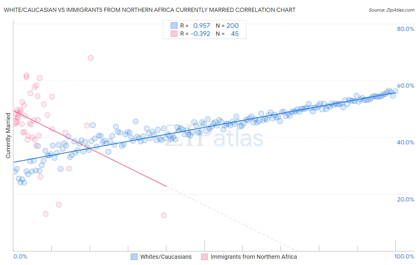 White/Caucasian vs Immigrants from Northern Africa Currently Married