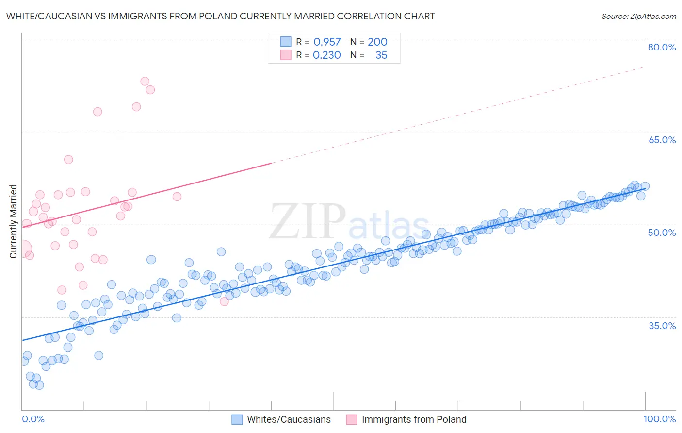 White/Caucasian vs Immigrants from Poland Currently Married