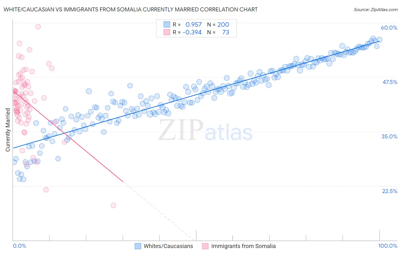 White/Caucasian vs Immigrants from Somalia Currently Married
