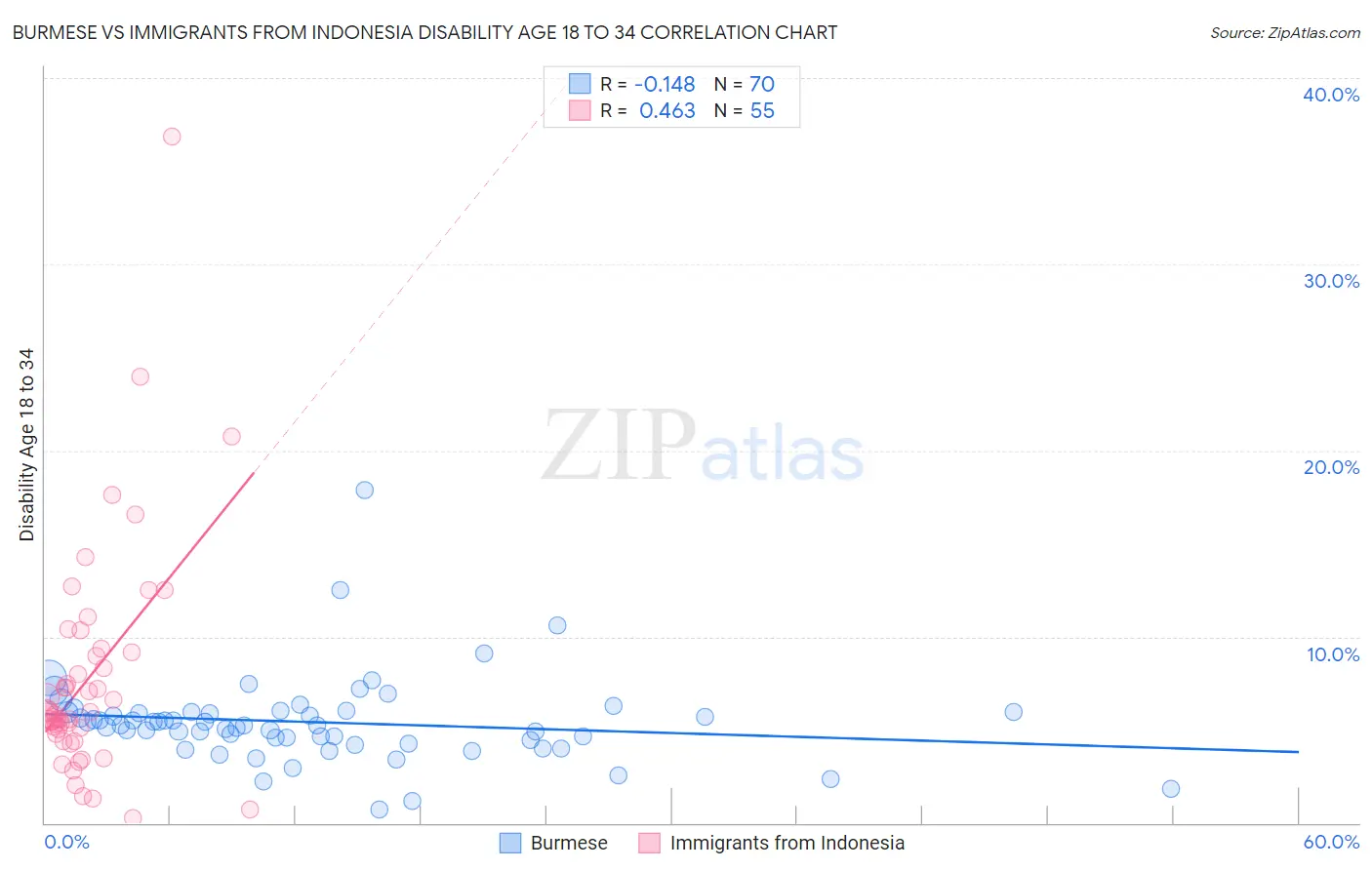 Burmese vs Immigrants from Indonesia Disability Age 18 to 34