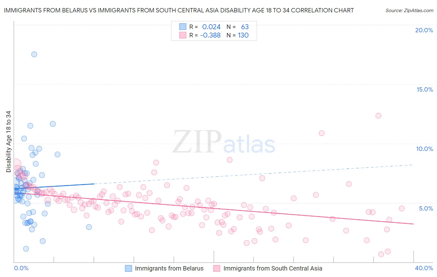Immigrants from Belarus vs Immigrants from South Central Asia Disability Age 18 to 34