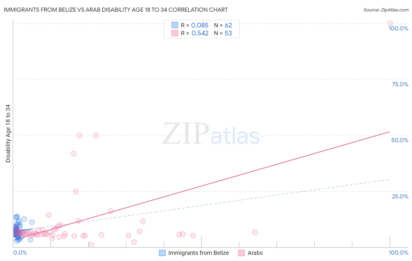 Immigrants from Belize vs Arab Disability Age 18 to 34