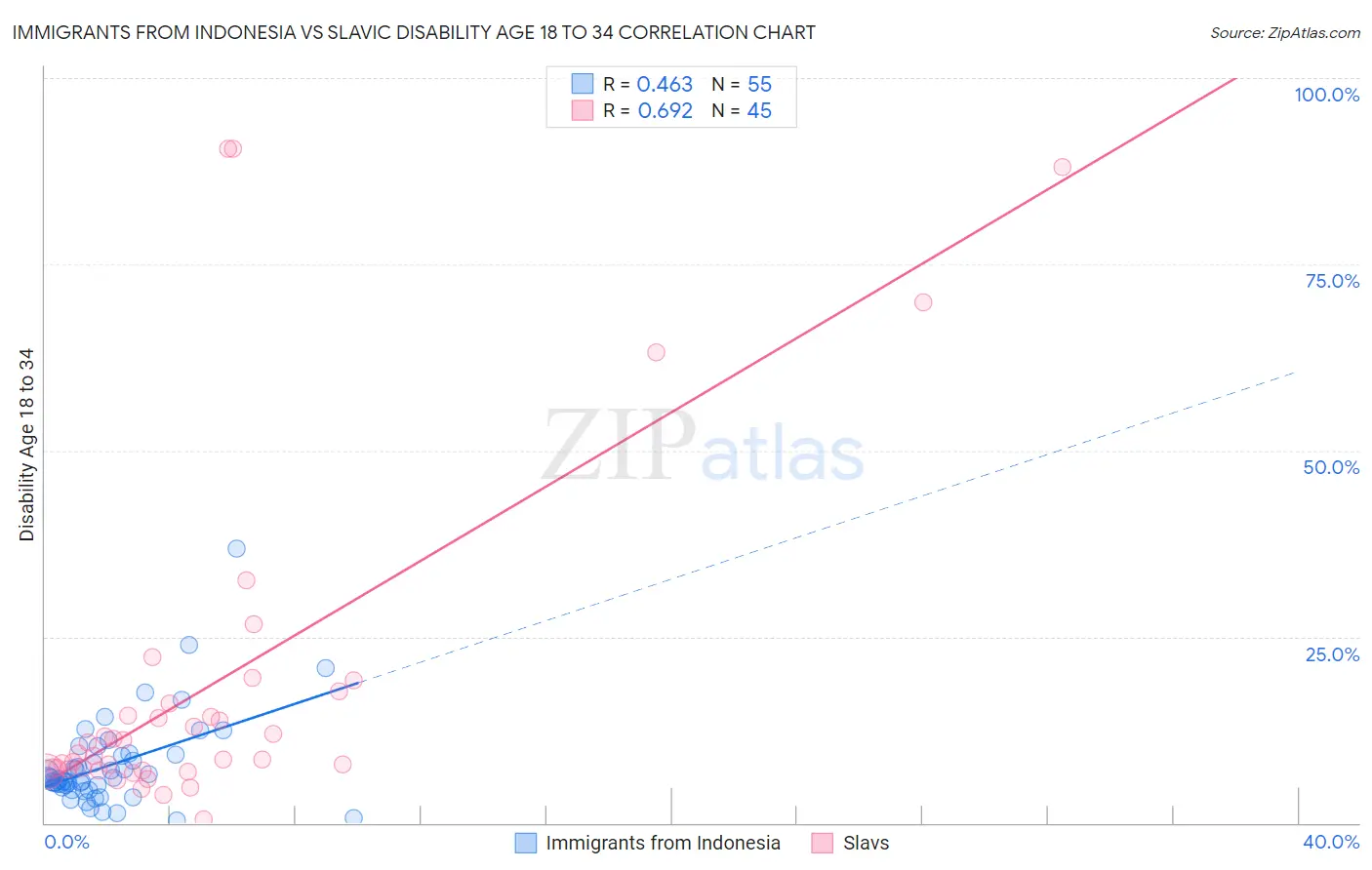 Immigrants from Indonesia vs Slavic Disability Age 18 to 34