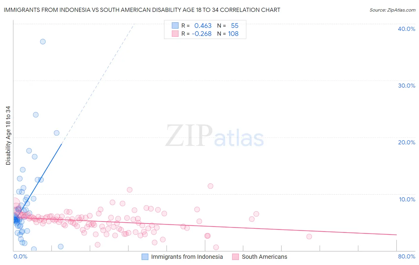 Immigrants from Indonesia vs South American Disability Age 18 to 34