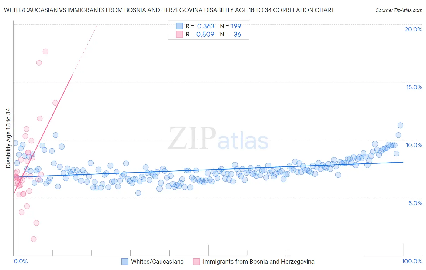 White/Caucasian vs Immigrants from Bosnia and Herzegovina Disability Age 18 to 34