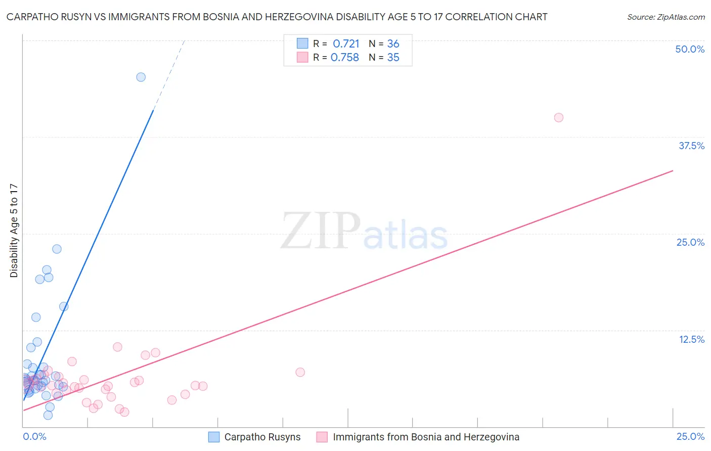 Carpatho Rusyn vs Immigrants from Bosnia and Herzegovina Disability Age 5 to 17