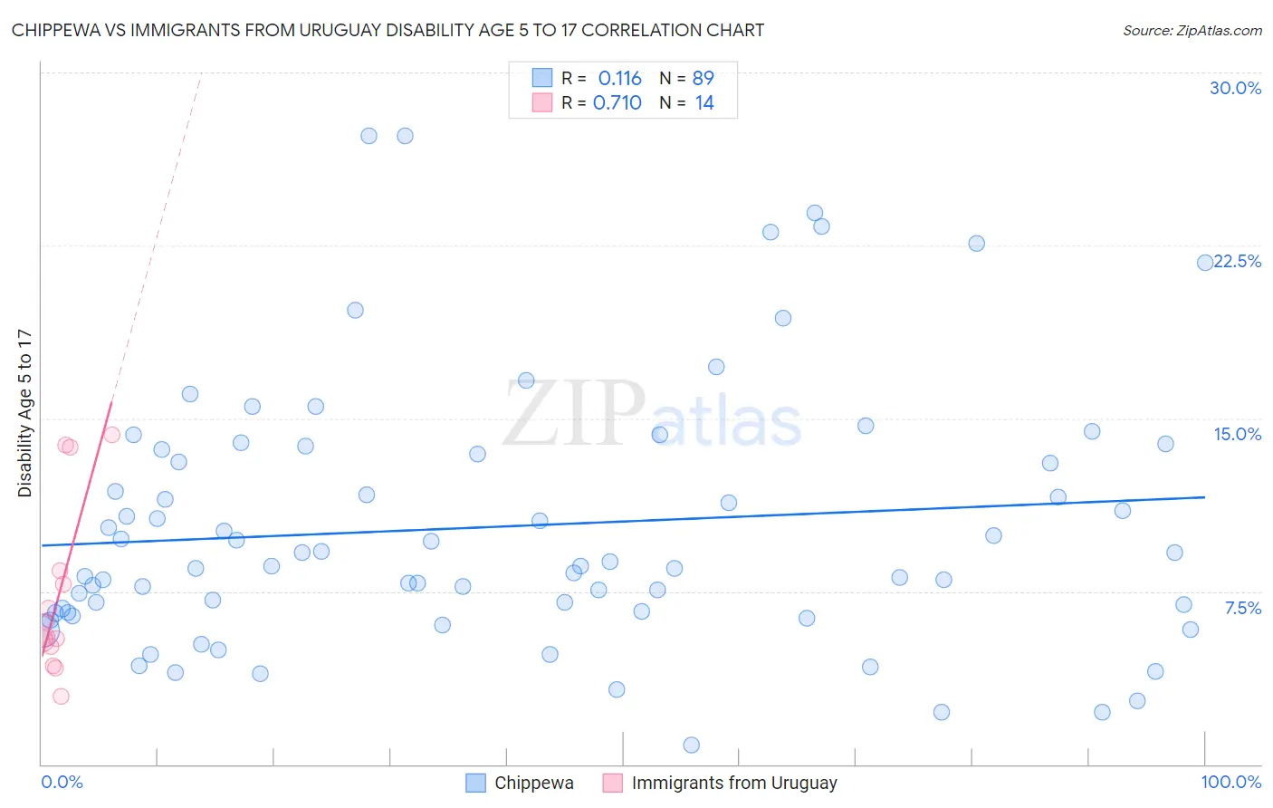 Chippewa vs Immigrants from Uruguay Disability Age 5 to 17